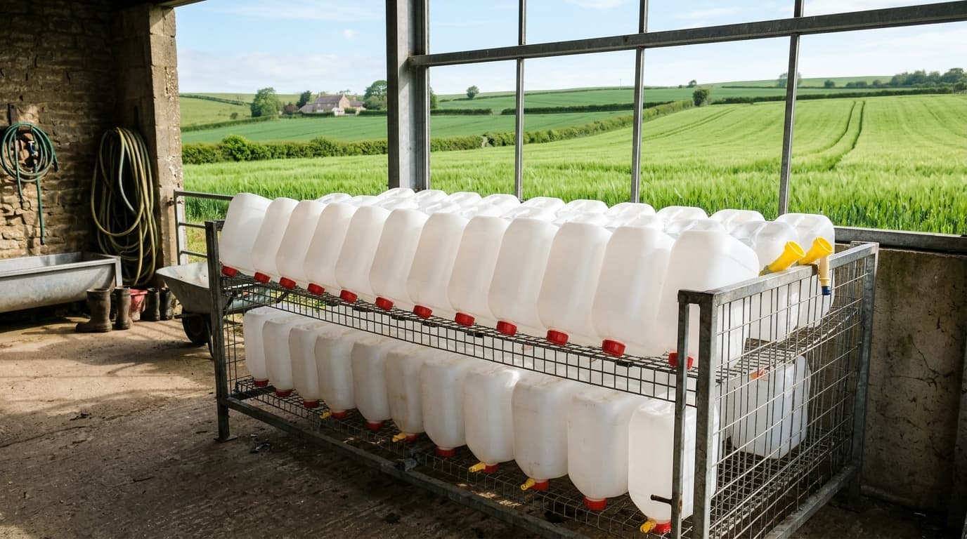 Empty plastic containers drying upside down on a rack, no labels, no people