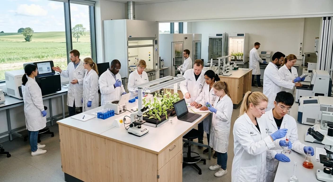 Researchers in white coats work together in a bright laboratory with a green field outside the window