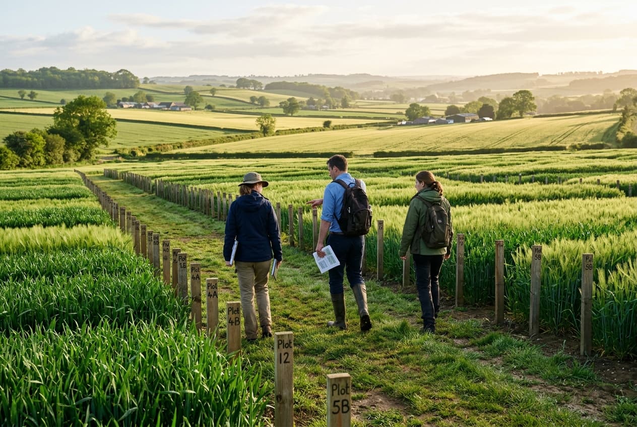 People at a field trial plot, seen from behind