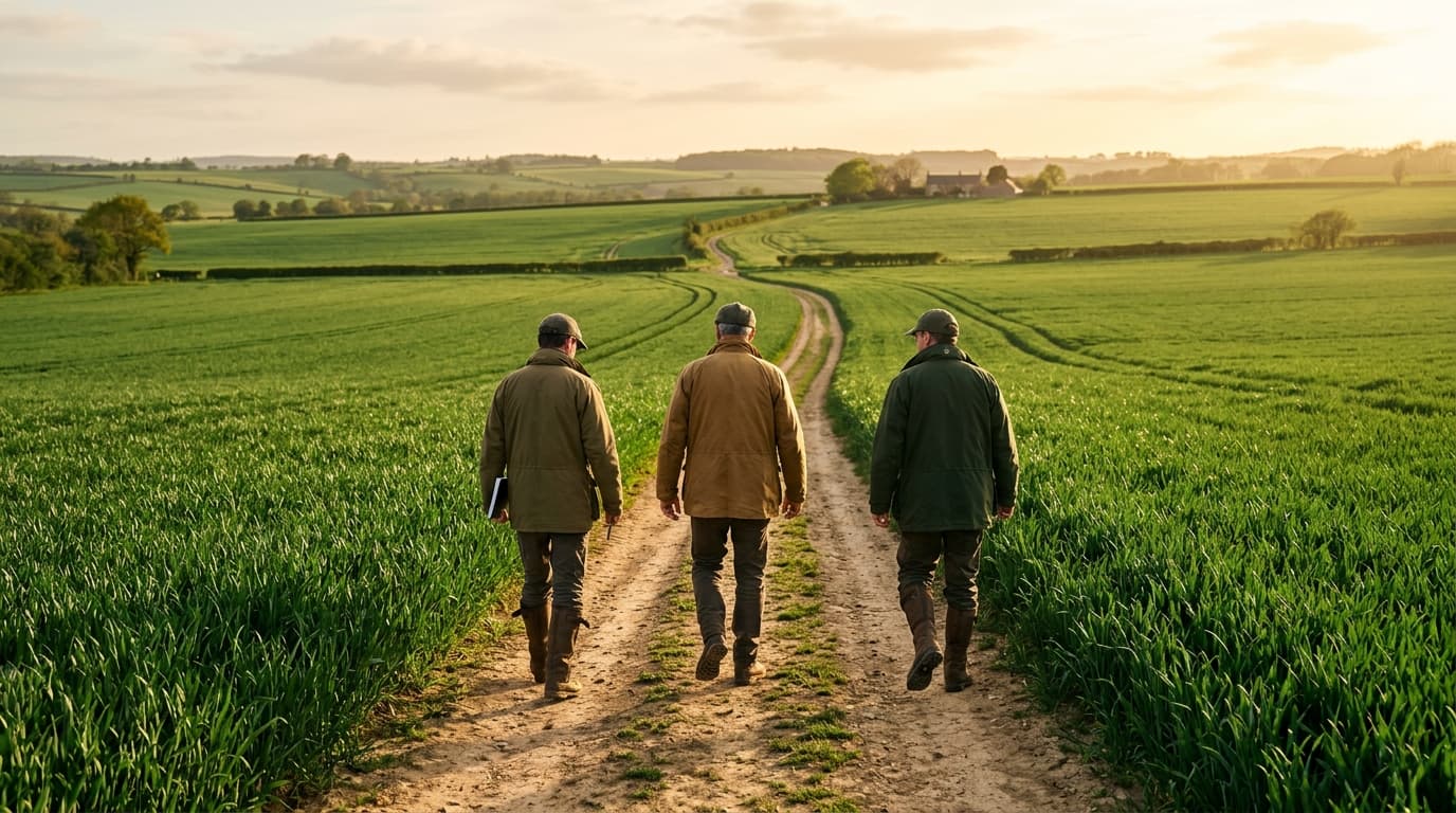 Team members walking between field rows, seen from behind