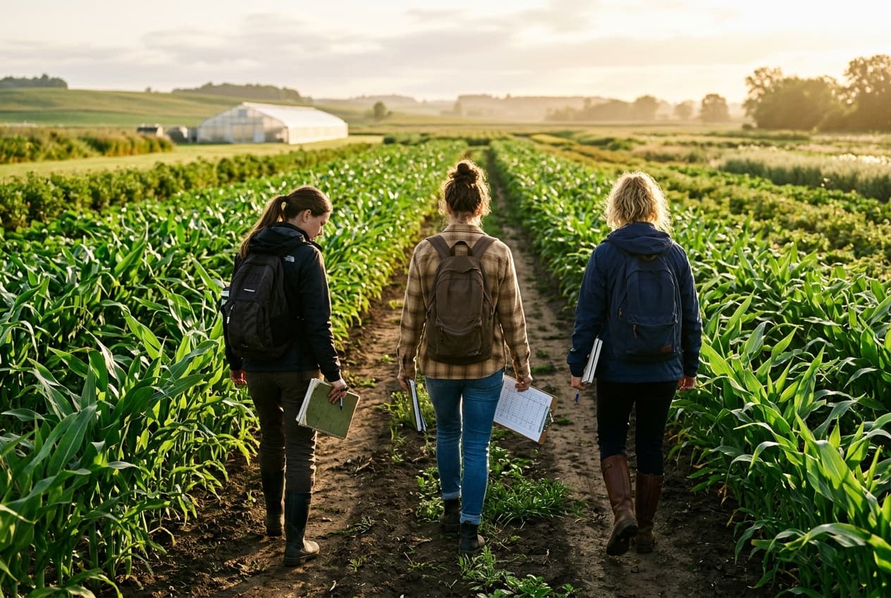 Students walking along a field trial plot, seen from behind
