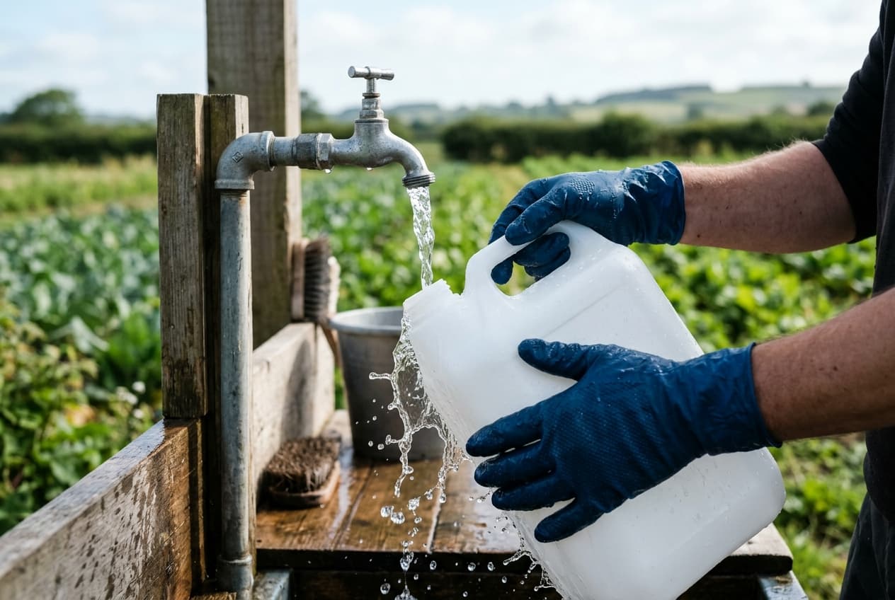 Hands rinsing an empty container at a farm tap, no labels
