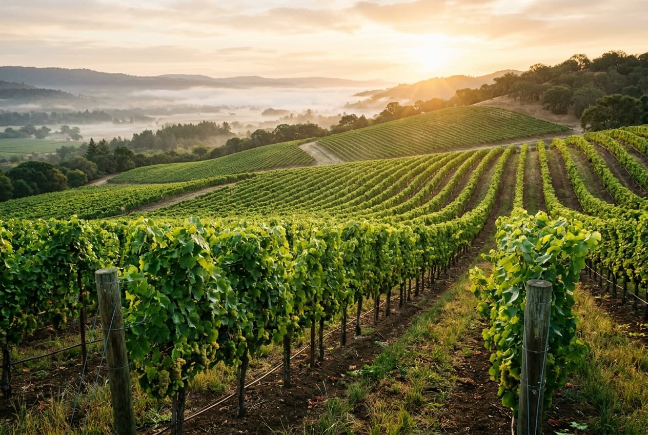 Vineyard rows on a slope, no people